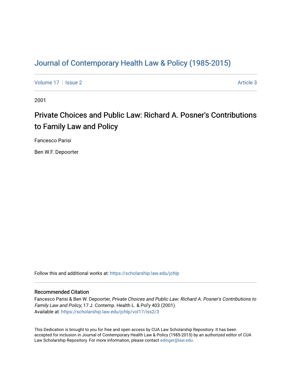 Richard A. Posner's Contributions to Family Law and Policy