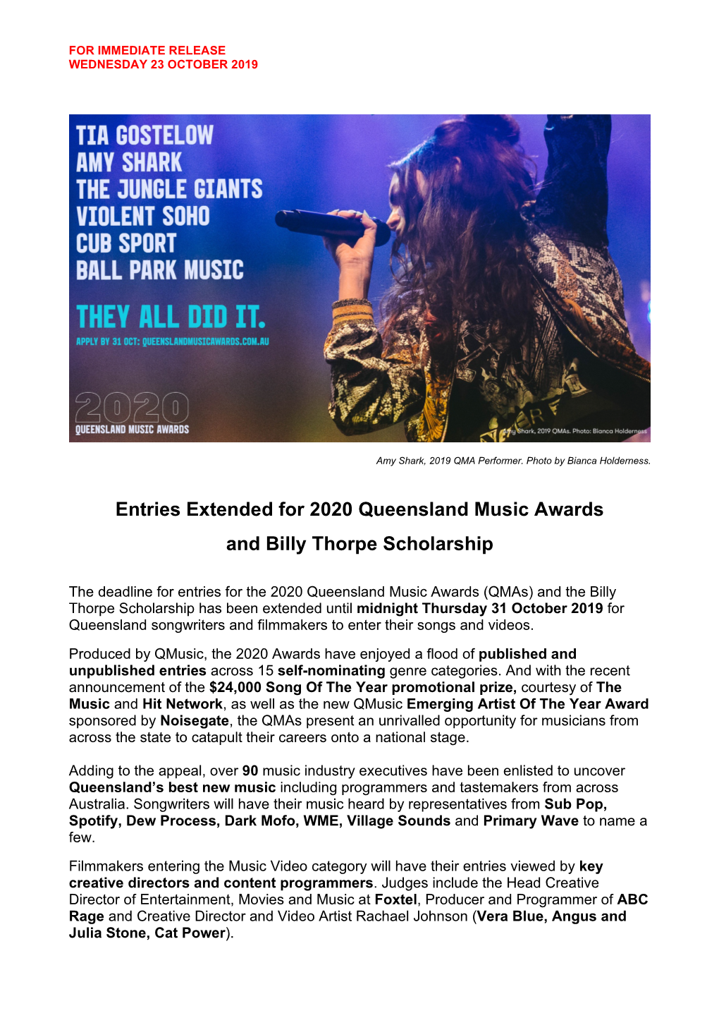 Entries Extended for 2020 Queensland Music Awards & Billy
