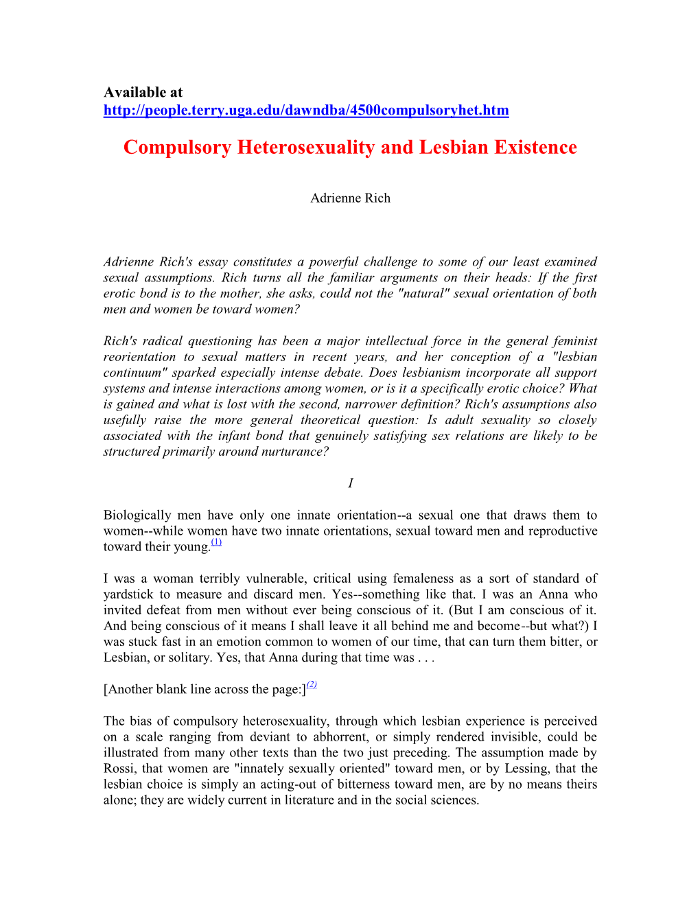 Compulsory Heterosexuality and Lesbian Existence