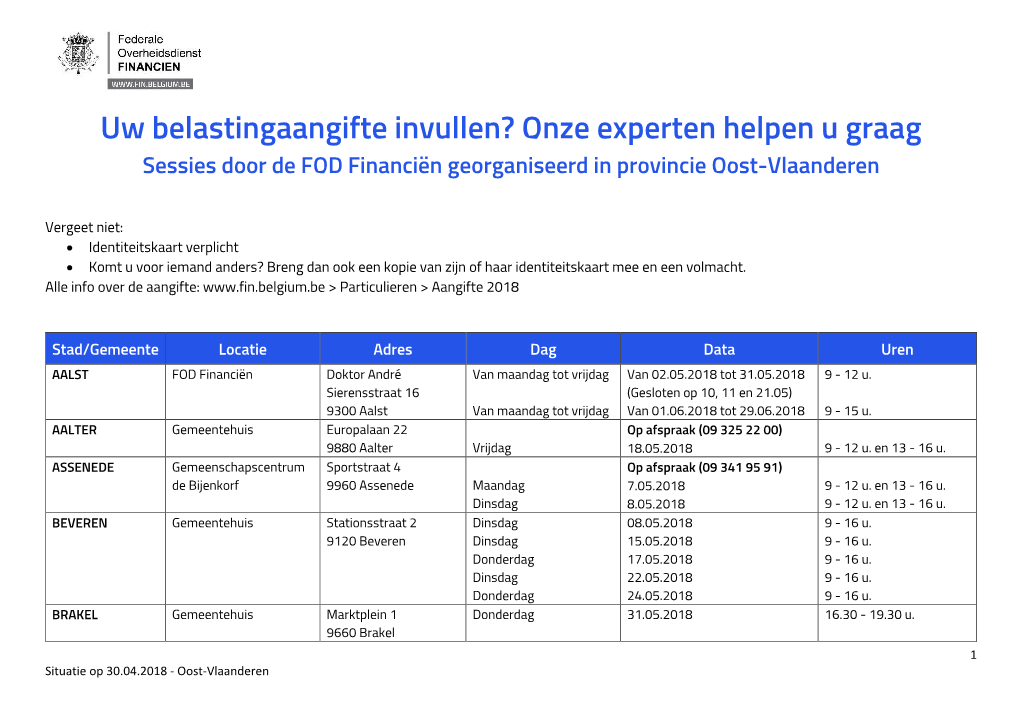 Uw Belastingaangifte Invullen? Onze Experten Helpen U Graag Sessies Door De FOD Financiën Georganiseerd in Provincie Oost-Vlaanderen