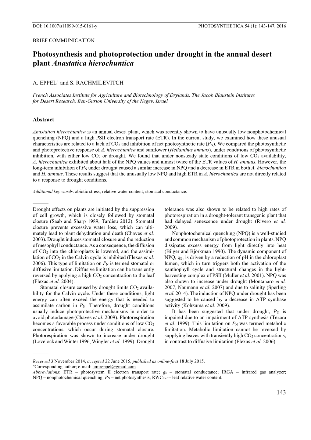 Photosynthesis and Photoprotection Under Drought in the Annual Desert Plant Anastatica Hierochuntica