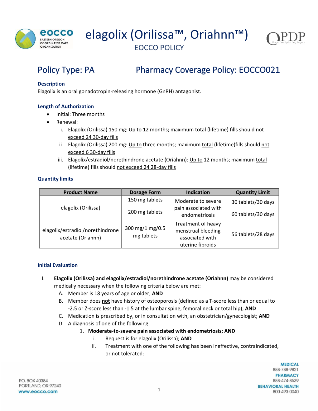 Elagolix (Orilissa™, Oriahnn™) EOCCO POLICY