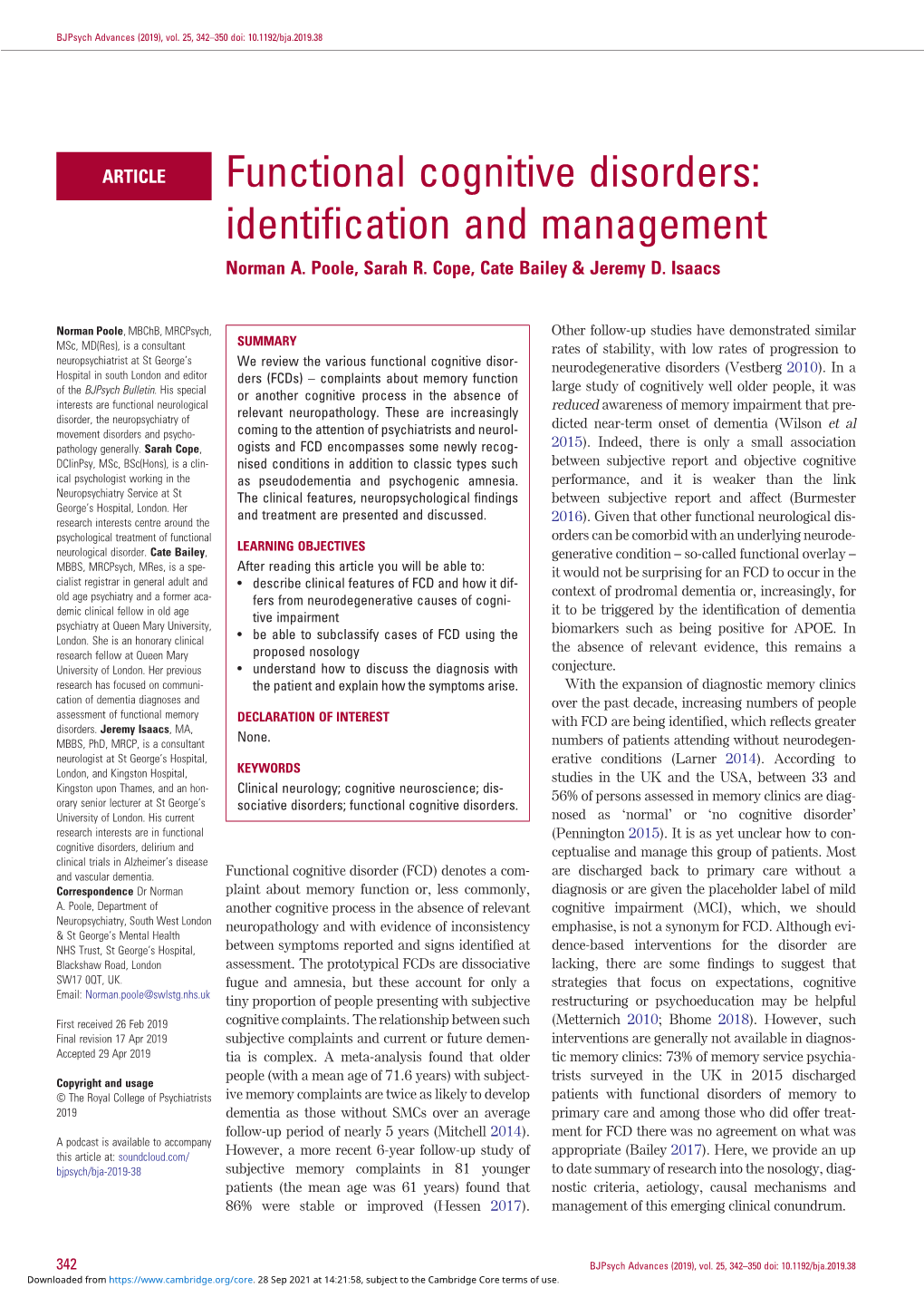 Functional Cognitive Disorders: Identification and Management Norman A