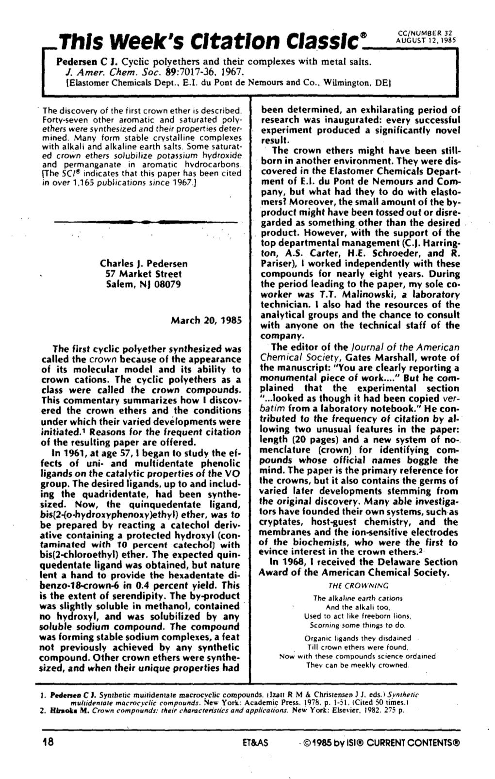 Pedersen C J. Cyclic Polyethers and Their Complexes with Metal Salts. J