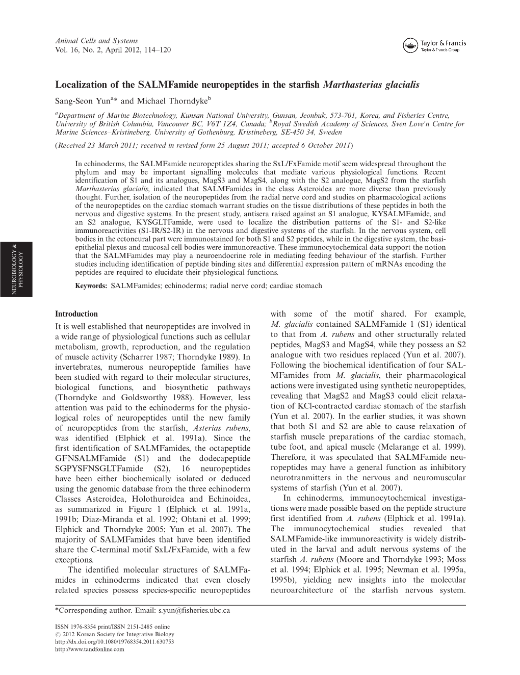 Localization of the Salmfamide Neuropeptides in the Starfish Marthasterias Glacialis