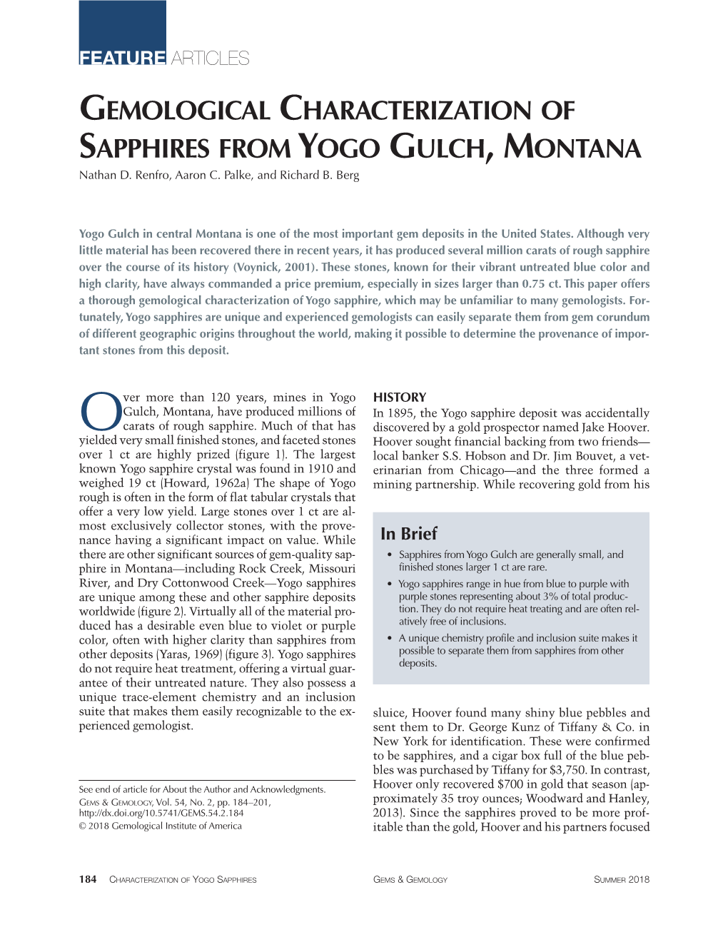 Gemological Characterization of Sapphires from Yogo Gulch, Montana