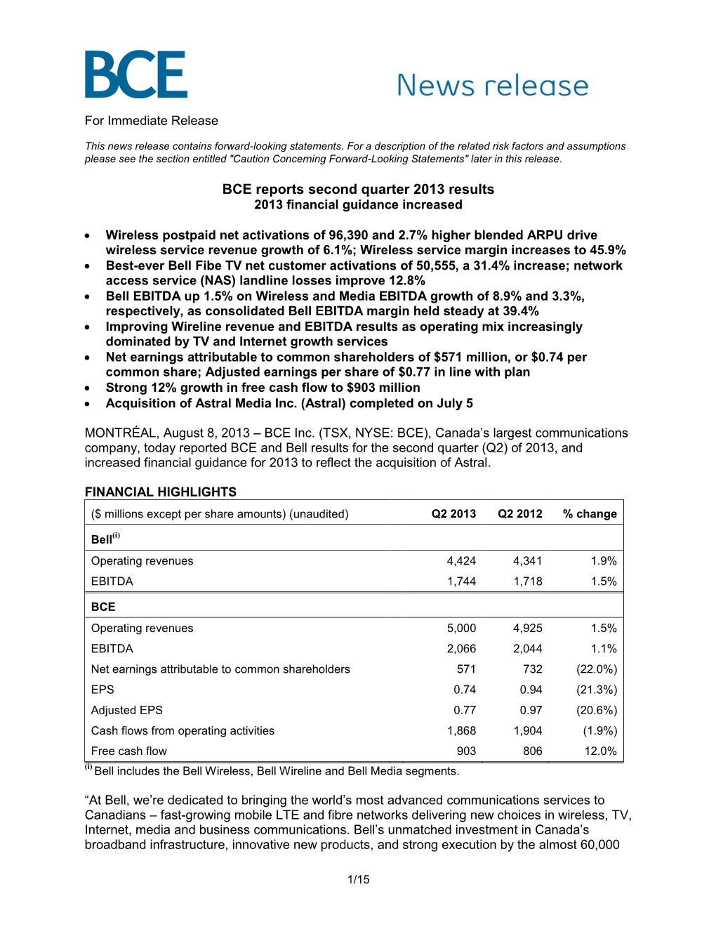 2013 BCE Q2 Press Release