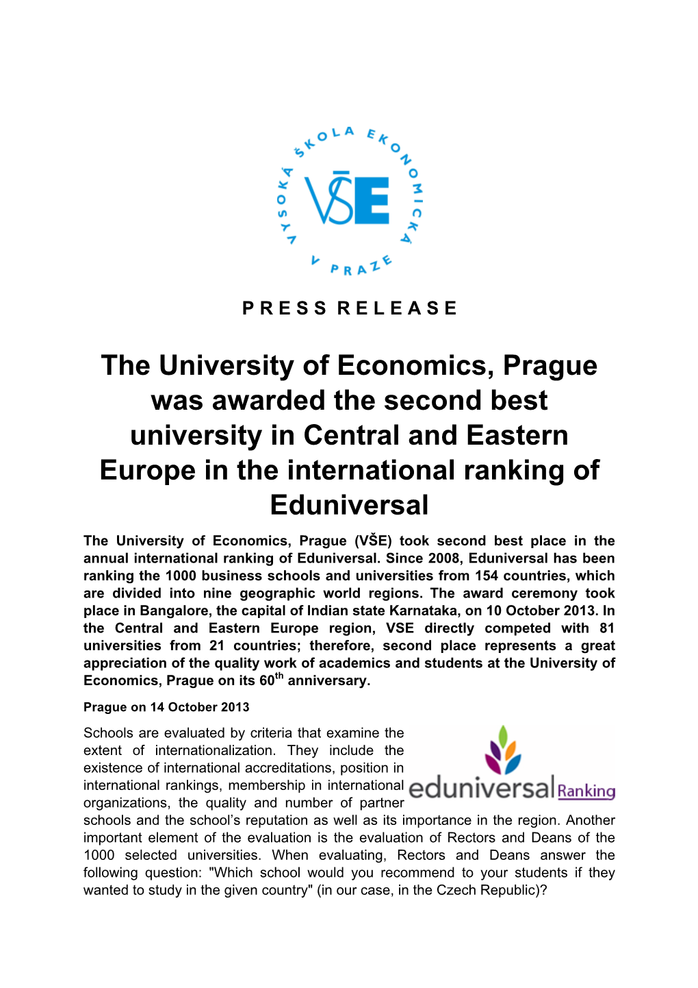 The University of Economics, Prague Was Awarded the Second Best