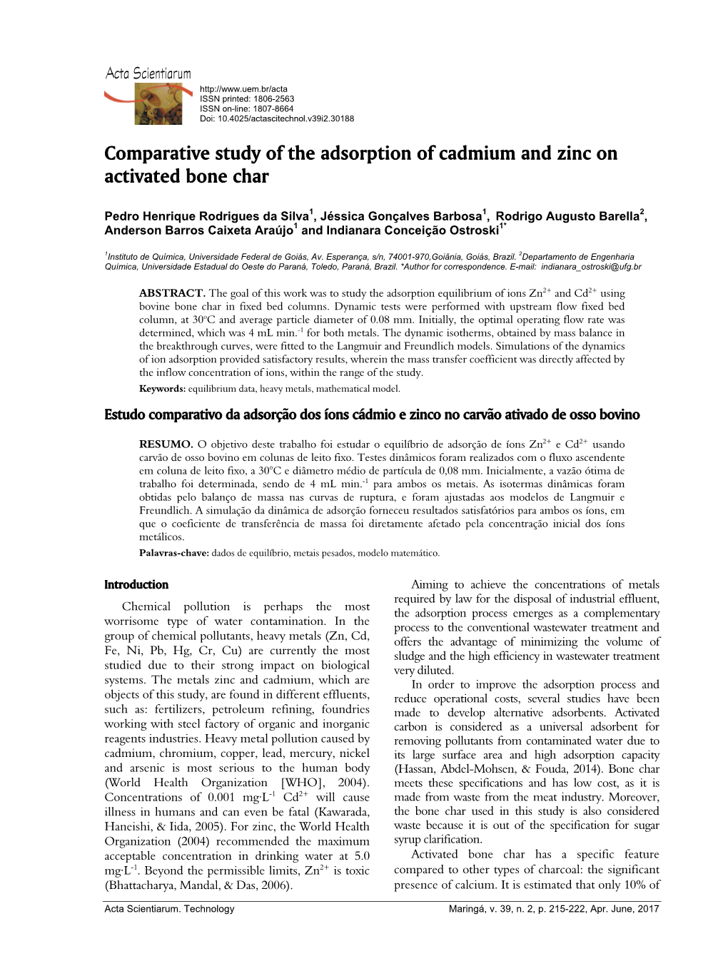 Comparative Study of the Adsorption of Cadmium and Zinc on Activated Bone Char