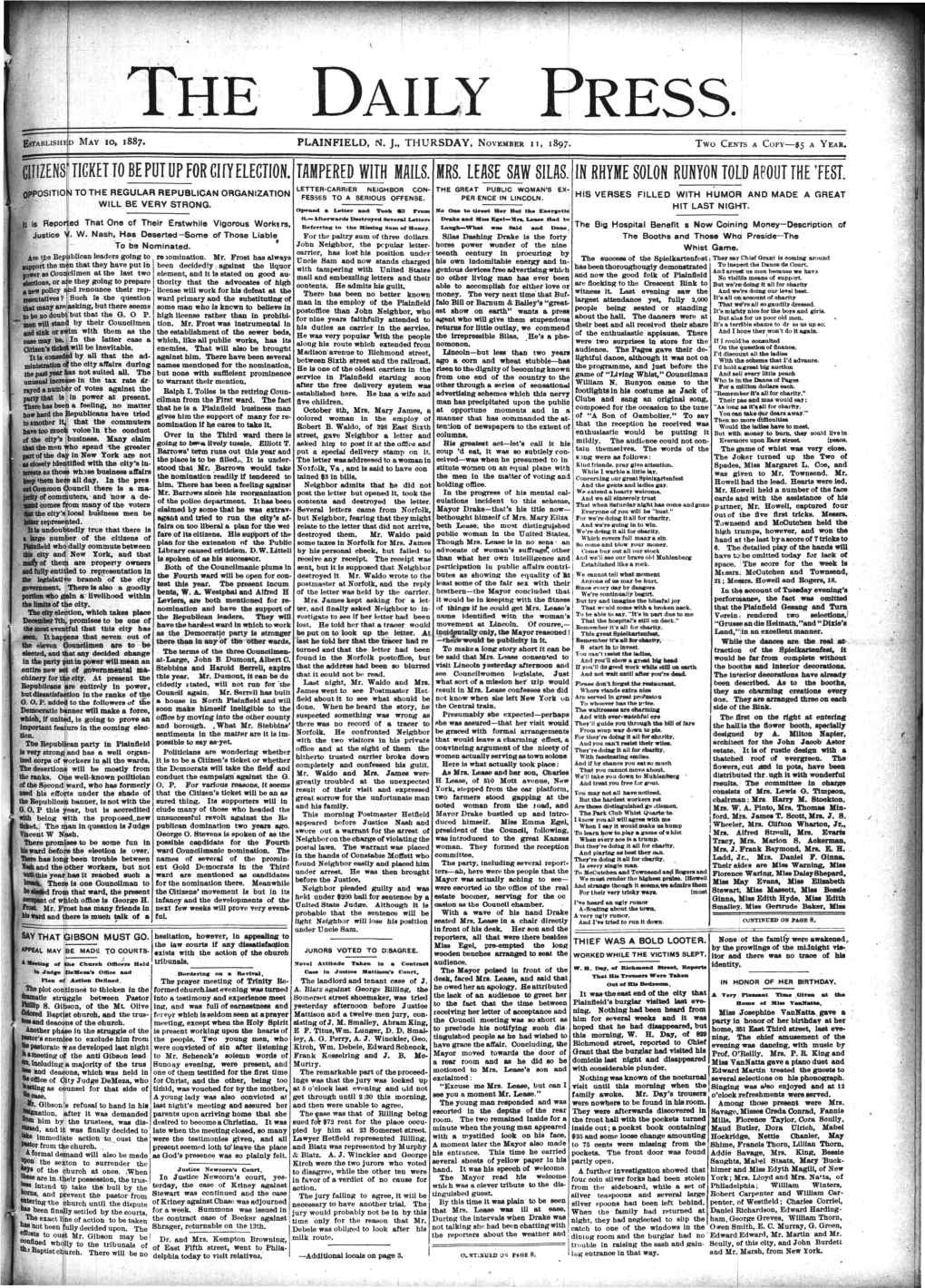 Omens Ticket to Be Put up for Ciiy Election. Mrs. Lease Saw Silas. in Rhyme Solon Runyon Told About the Test