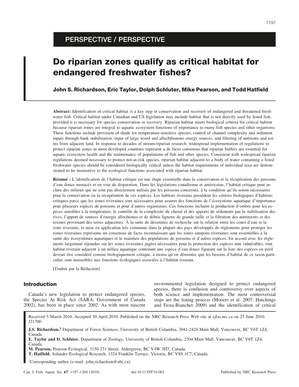 Do Riparian Zones Qualify As Critical Habitat for Endangered Freshwater Fishes?