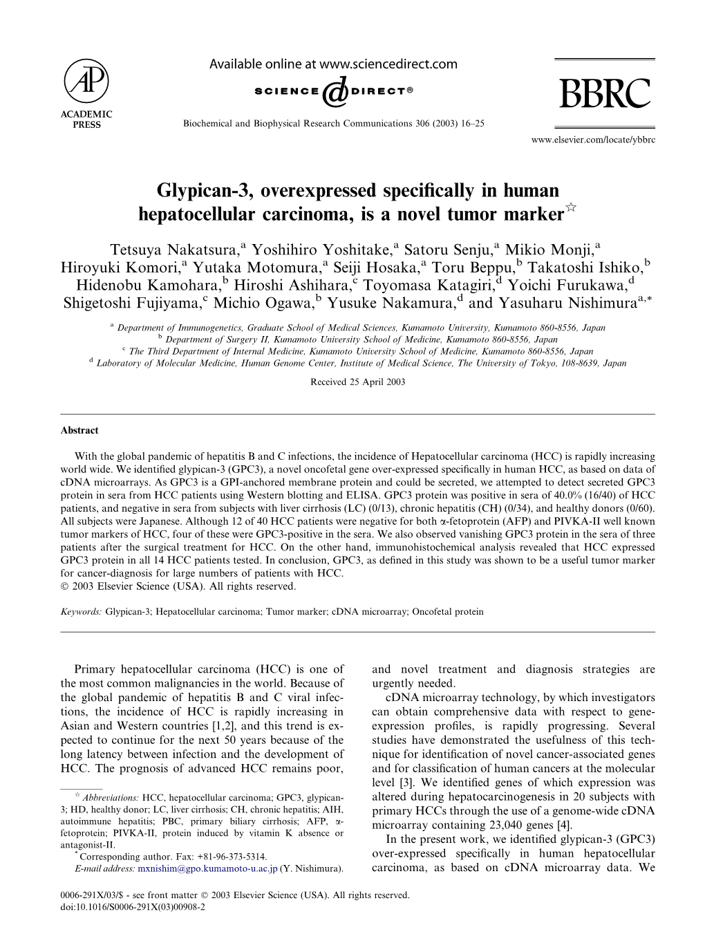 Glypican-3, Overexpressed Specifically in Human Hepatocellular