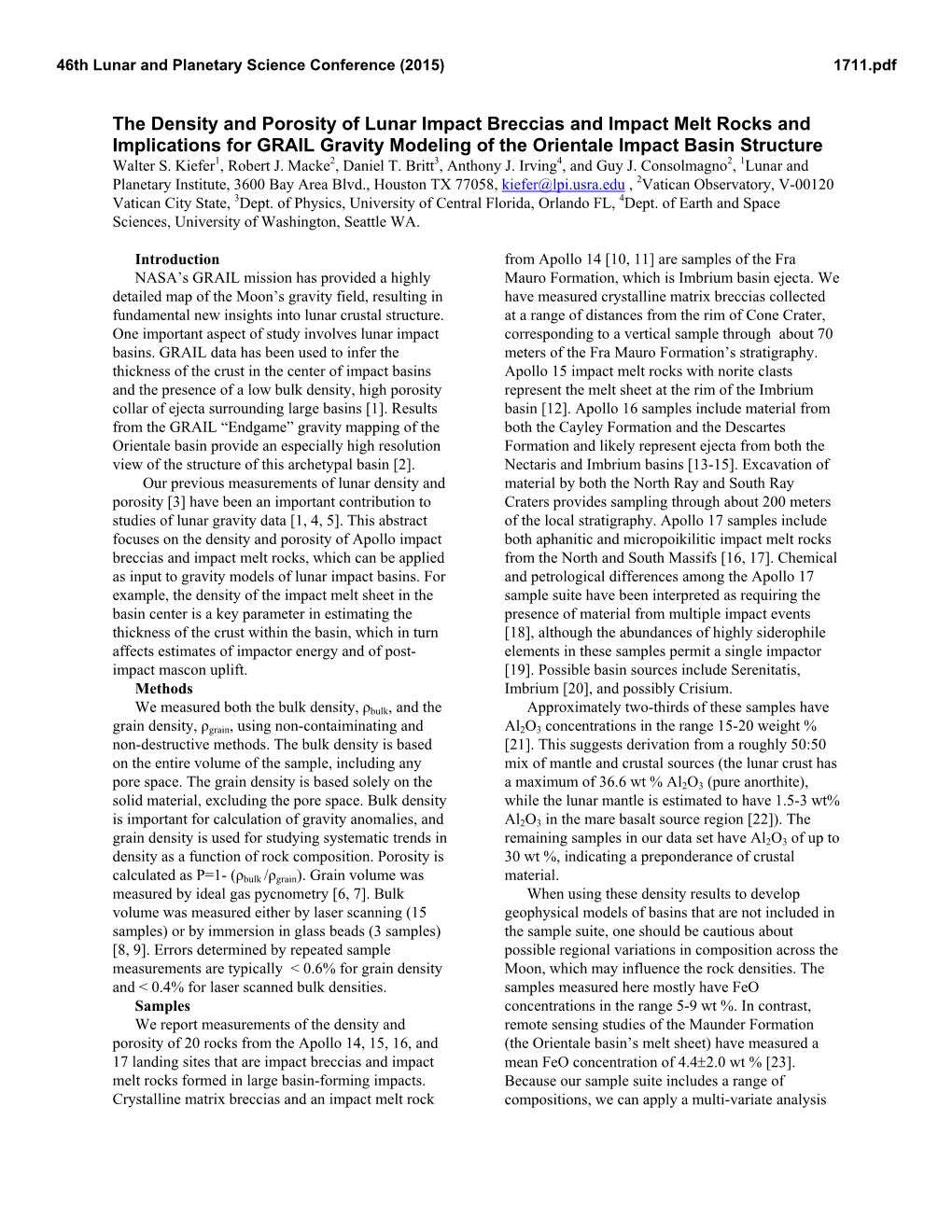 The Density and Porosity of Lunar Impact Breccias and Impact Melt Rocks and Implications for GRAIL Gravity Modeling of the Orientale Impact Basin Structure Walter S