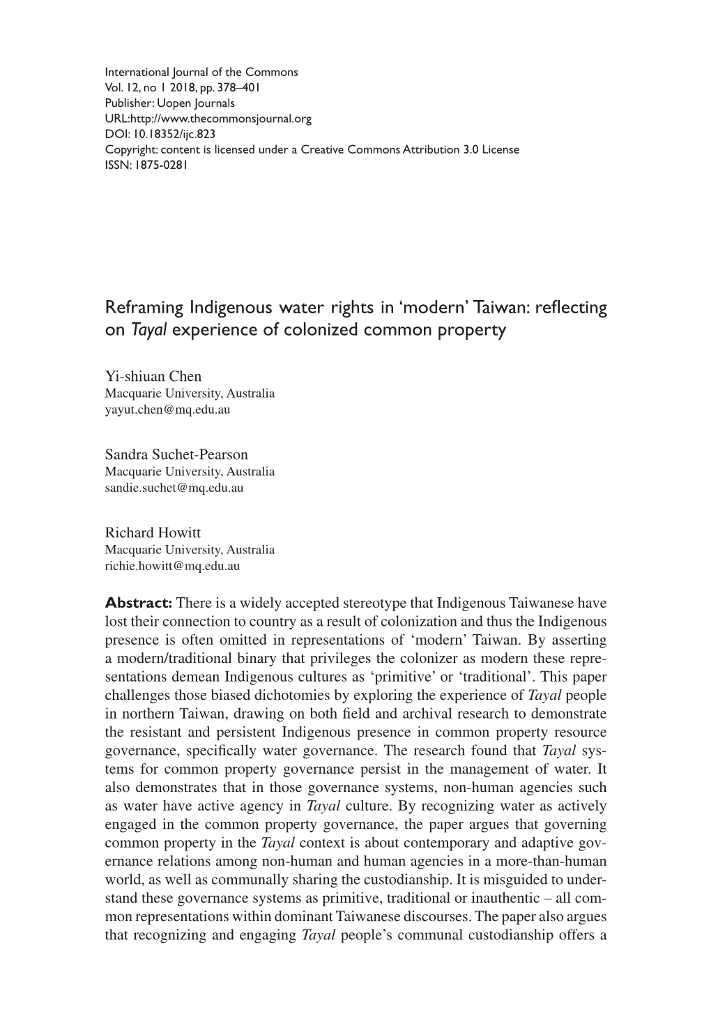 Reframing Indigenous Water Rights in ‘Modern’ Taiwan: Reflecting on Tayal Experience of Colonized Common Property