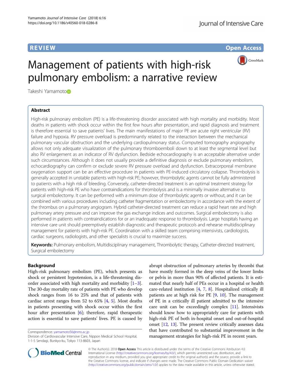 Management of Patients with High-Risk Pulmonary Embolism: a Narrative Review Takeshi Yamamoto