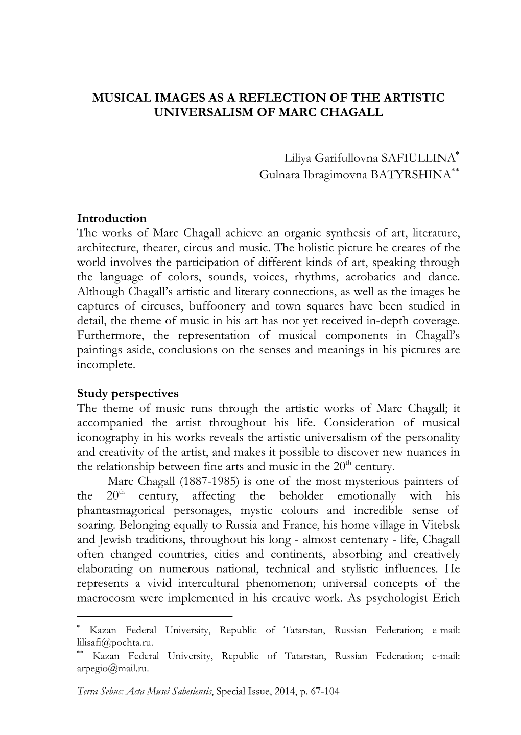 Musical Images As a Reflection of the Artistic Universalism of Marc Chagall