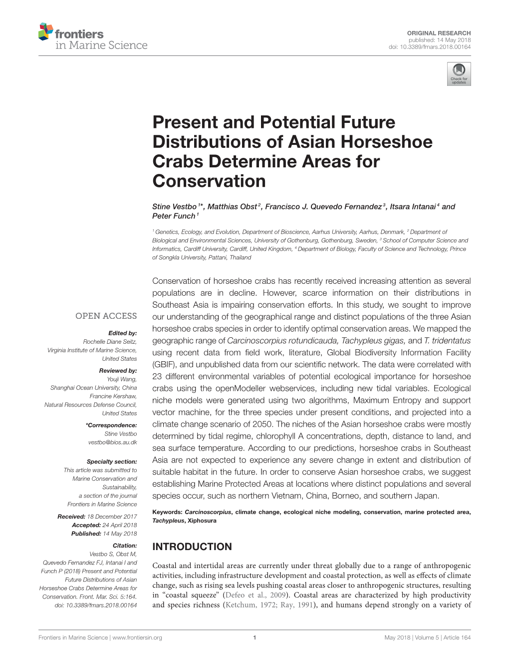 Present and Potential Future Distributions of Asian Horseshoe Crabs Determine Areas for Conservation