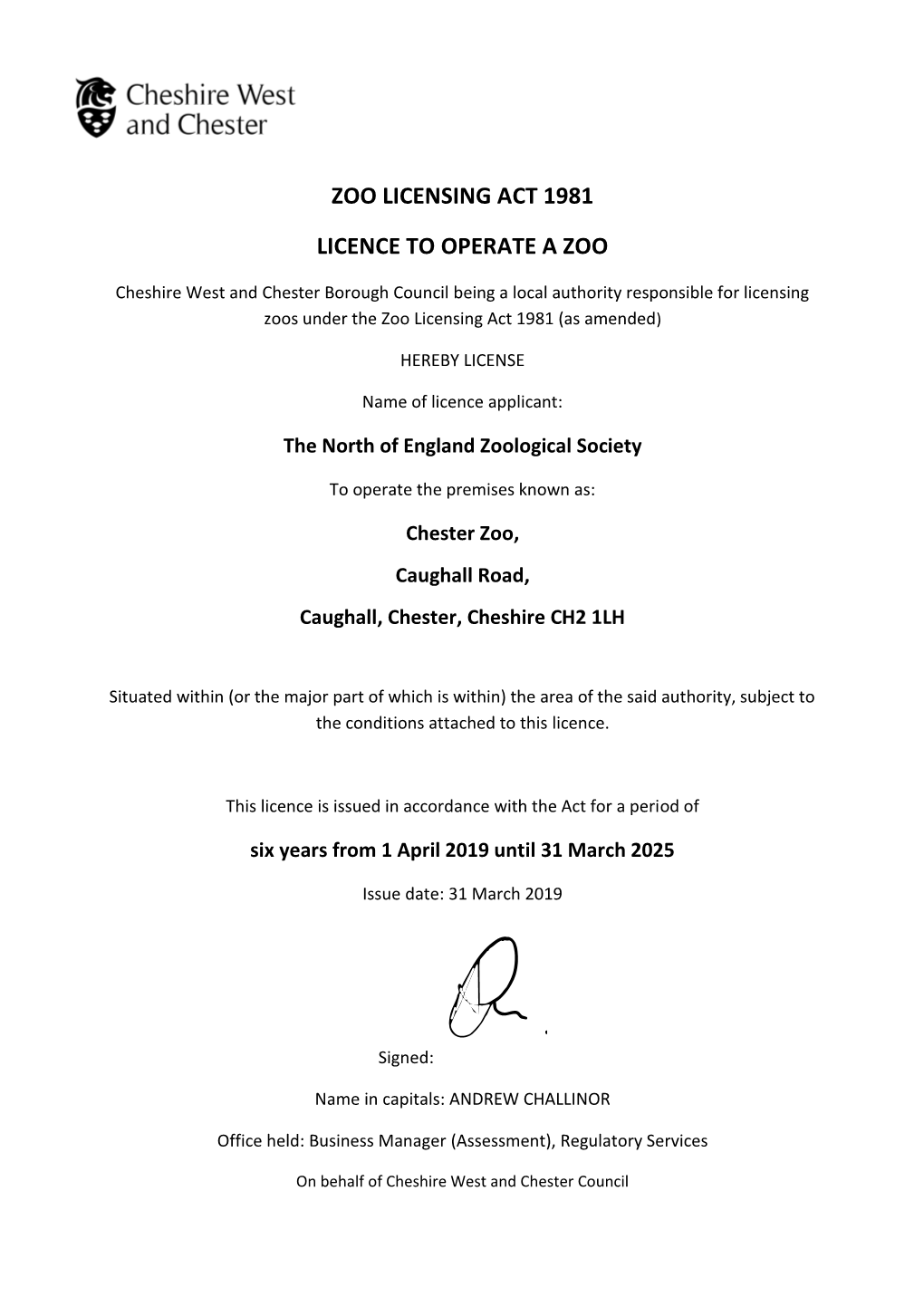 Zoo Licensing Act 1981 Licence to Operate A
