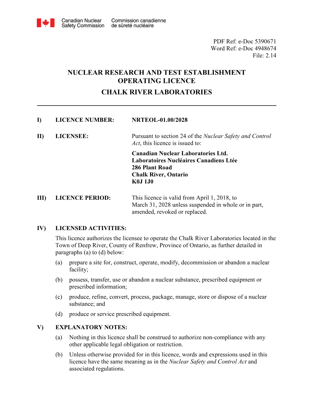 Nuclear Research and Test Establishment Operating Licence Chalk River Laboratories