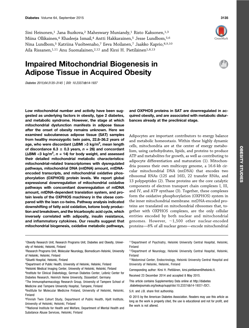 Impaired Mitochondrial Biogenesis in Adipose Tissue in Acquired Obesity