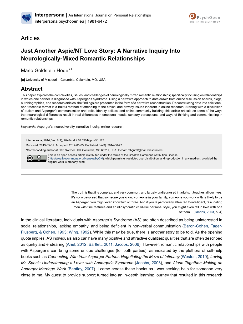 Just Another Aspie/NT Love Story: a Narrative Inquiry Into Neurologically-Mixed Romantic Relationships