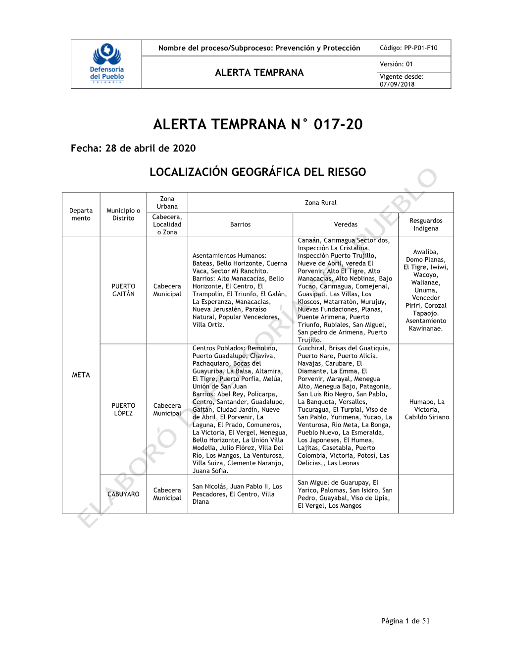 Alerta Temprana N° 017-20