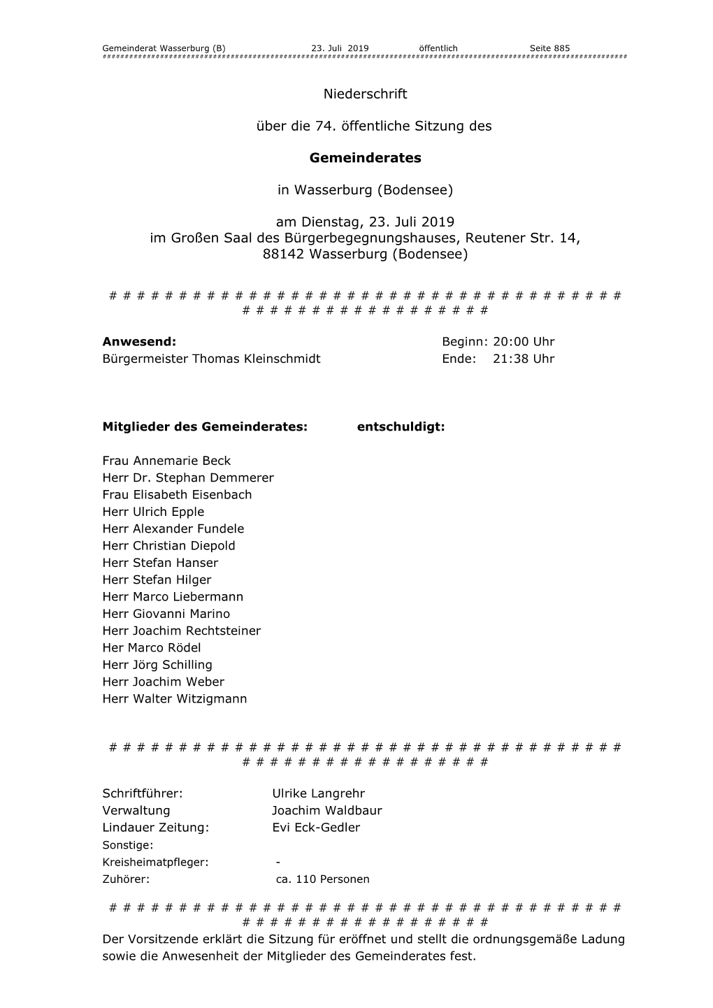 Niederschrift Über Die 74. Öffentliche Sitzung Des Gemeinderates In