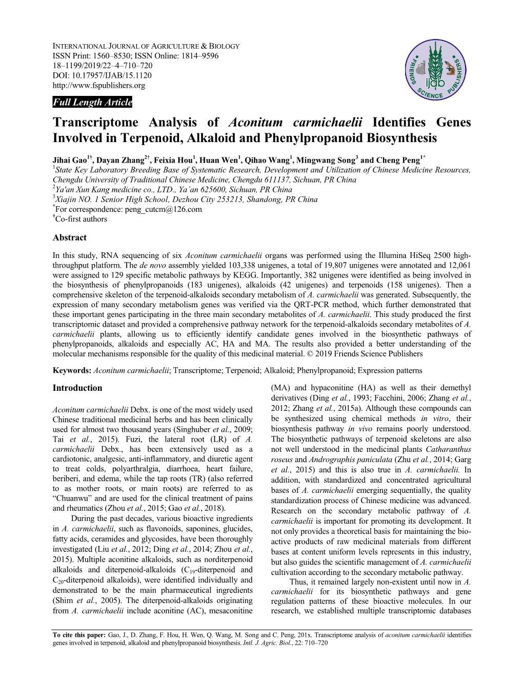 Transcriptome Analysis of Aconitum Carmichaelii Identifies Genes Involved in Terpenoid, Alkaloid and Phenylpropanoid Biosynthesis