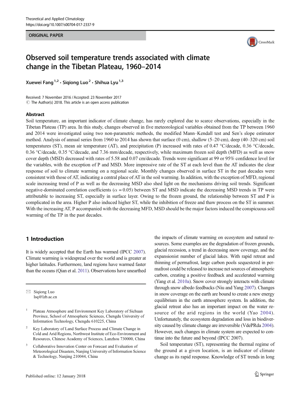 Observed Soil Temperature Trends Associated with Climate Change in the Tibetan Plateau, 1960–2014