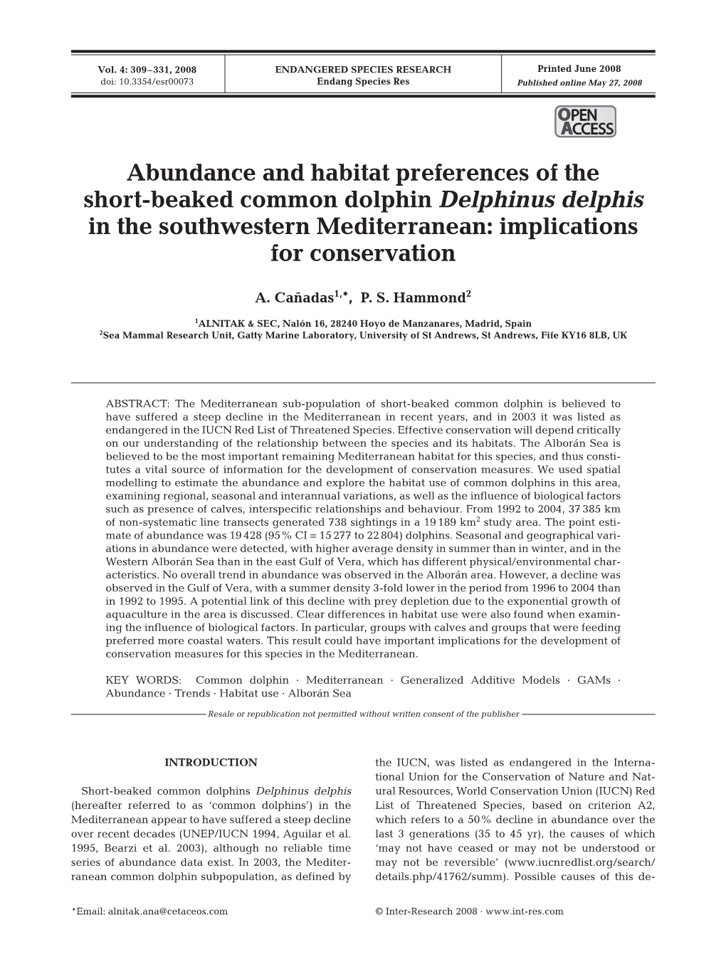 Abundance and Habitat Preferences of the Short-Beaked Common Dolphin Delphinus Delphis in the Southwestern Mediterranean: Implications for Conservation