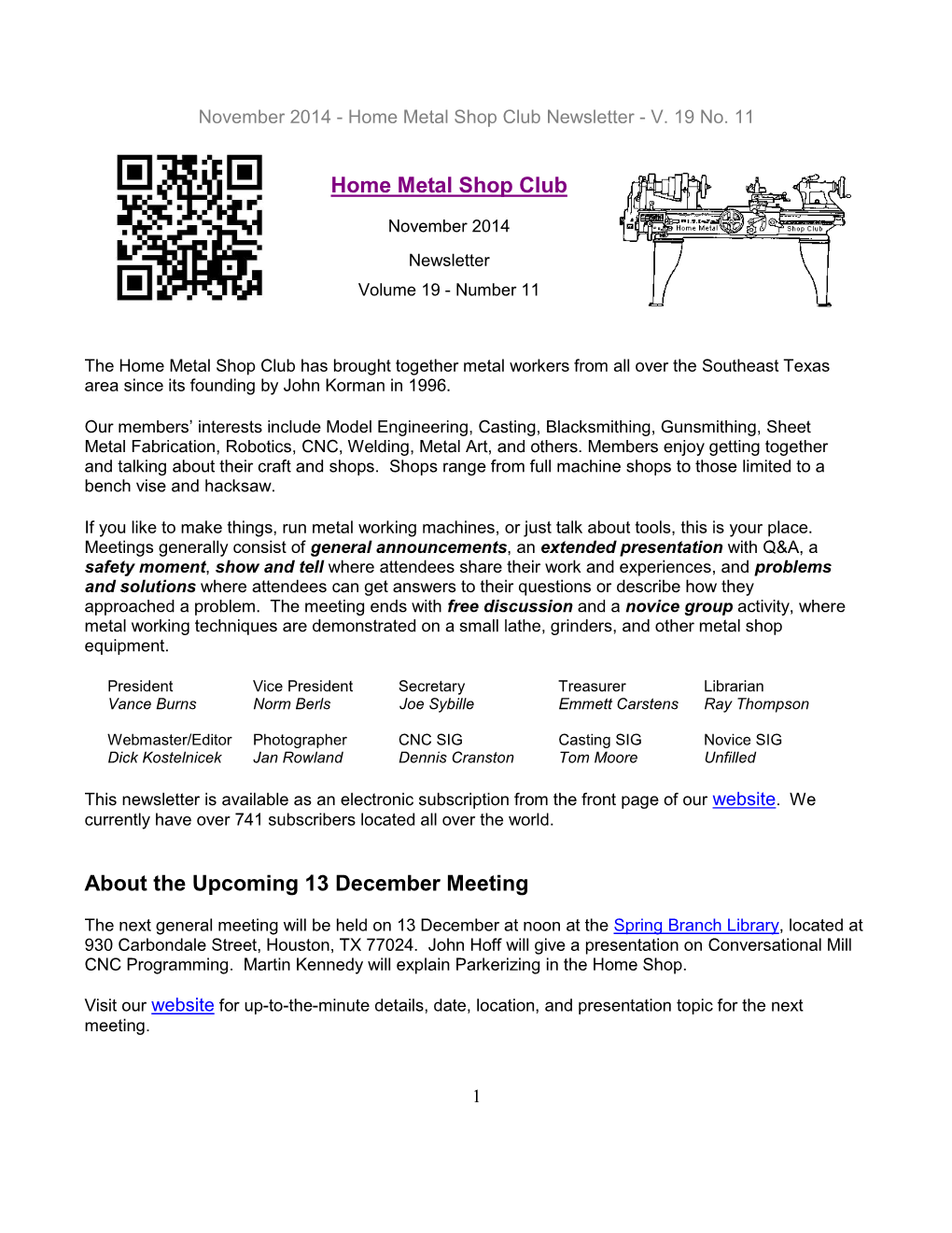 November 2014 - Home Metal Shop Club Newsletter - V