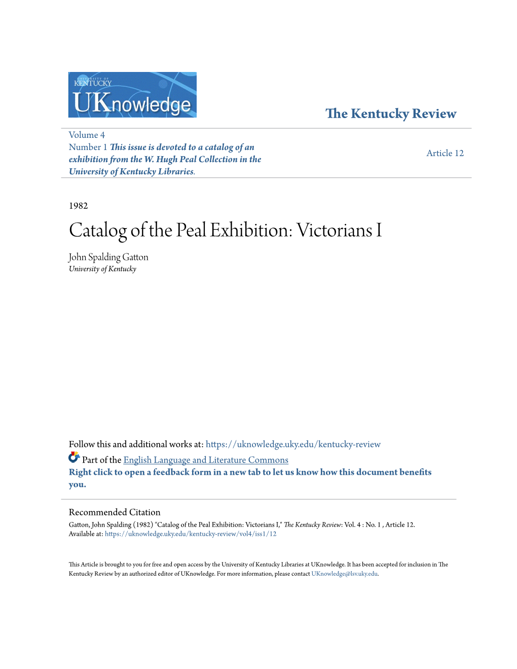 Catalog of the Peal Exhibition: Victorians I John Spalding Gatton University of Kentucky