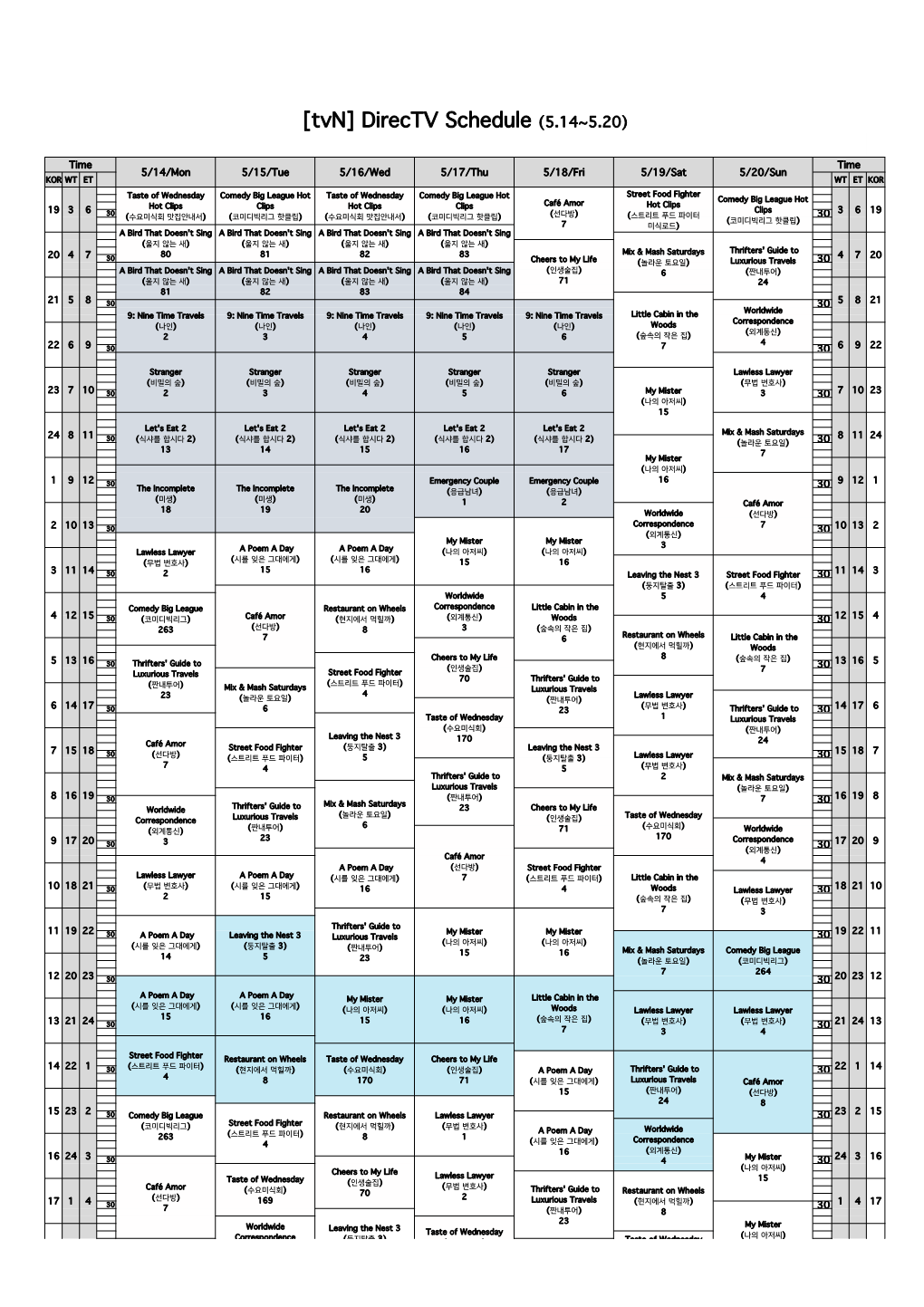 [Tvn] Directv Schedule (5.14~5.20)