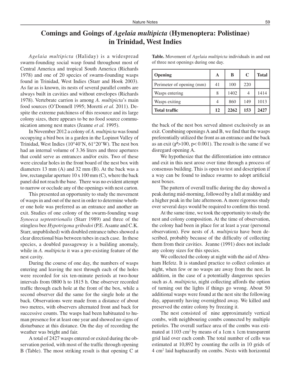 Comings and Goings of Agelaia Multipicta (Hymenoptera: Polistinae) in Trinidad, West Indies