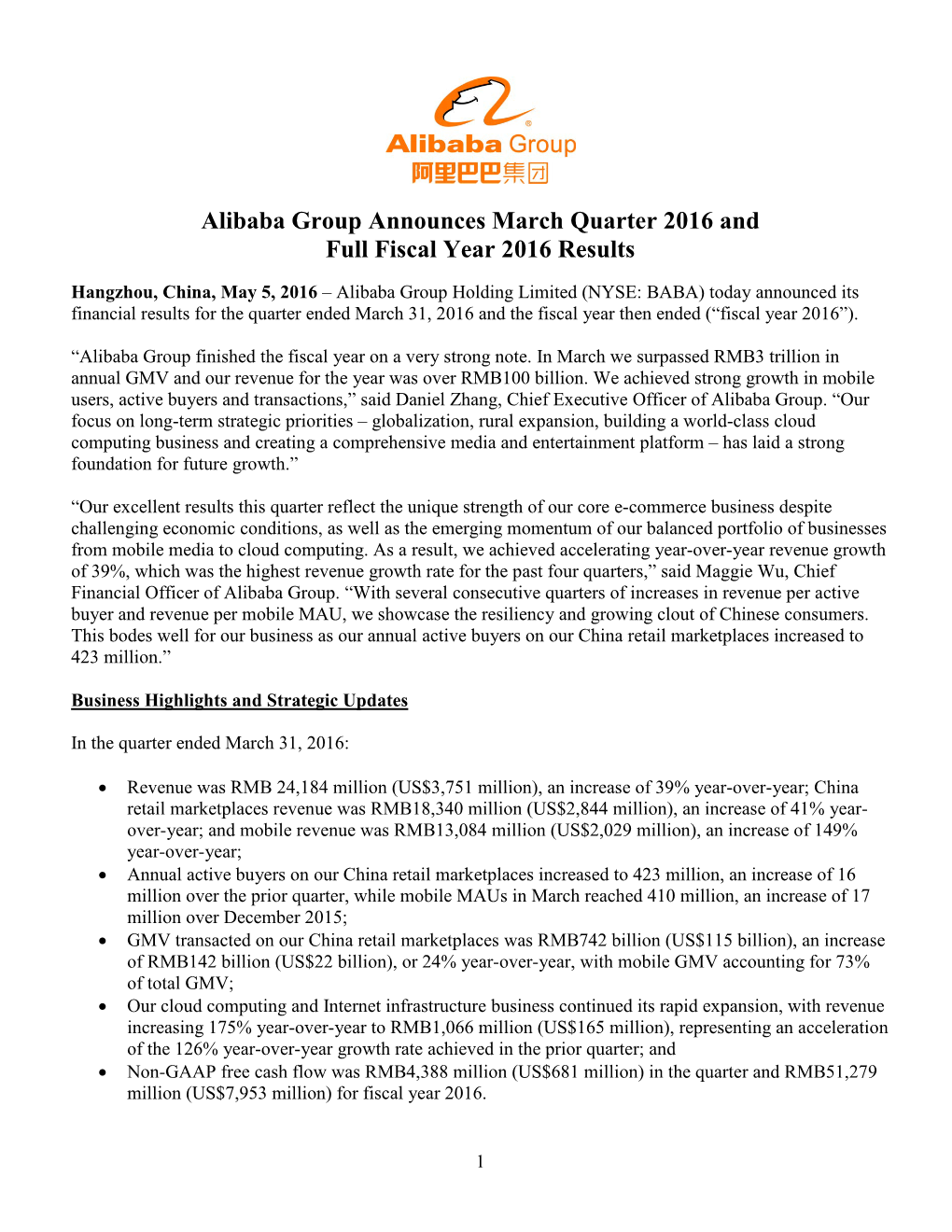 Alibaba Group Announces March Quarter 2016 and Full Fiscal Year 2016 Results