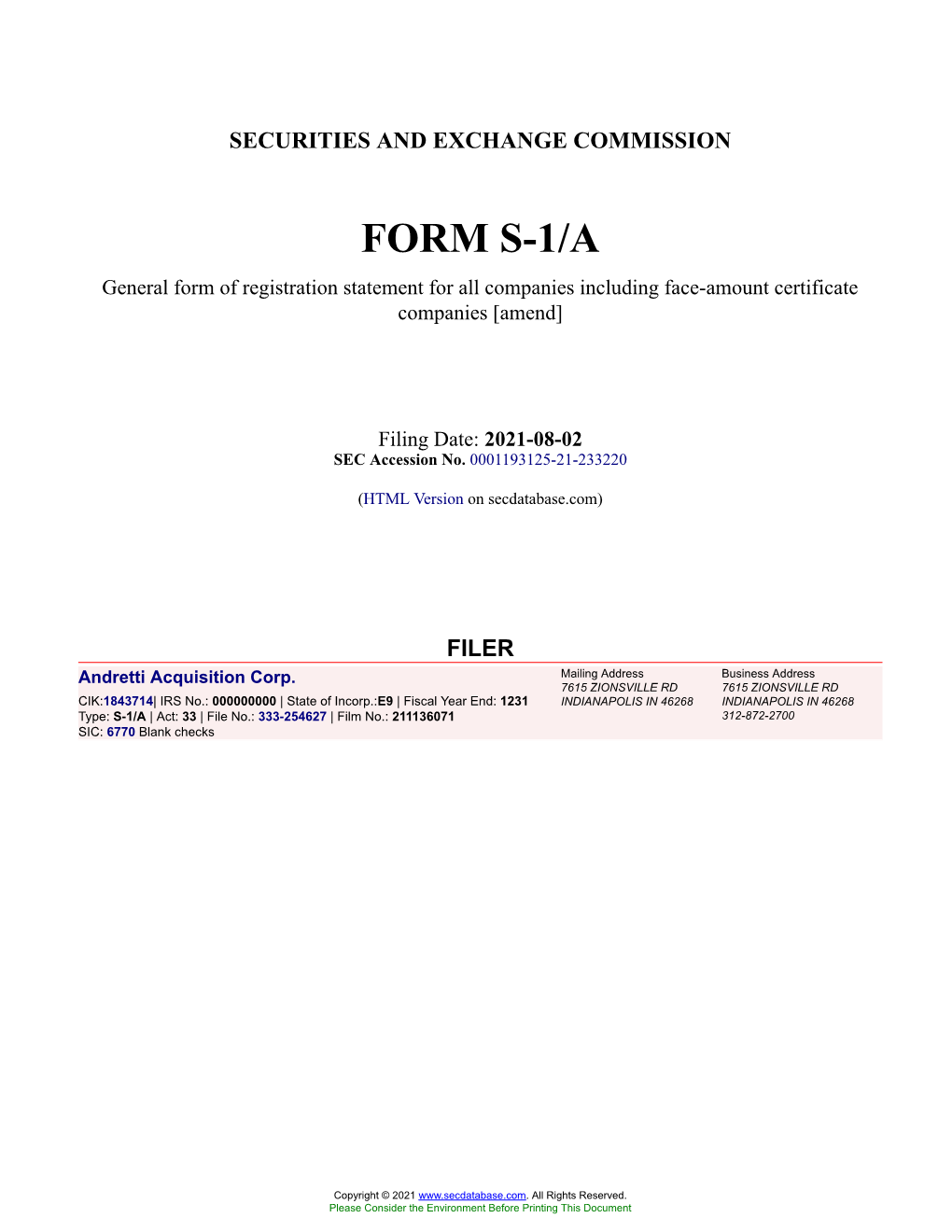 Andretti Acquisition Corp. Form S-1/A Filed 2021-08-02