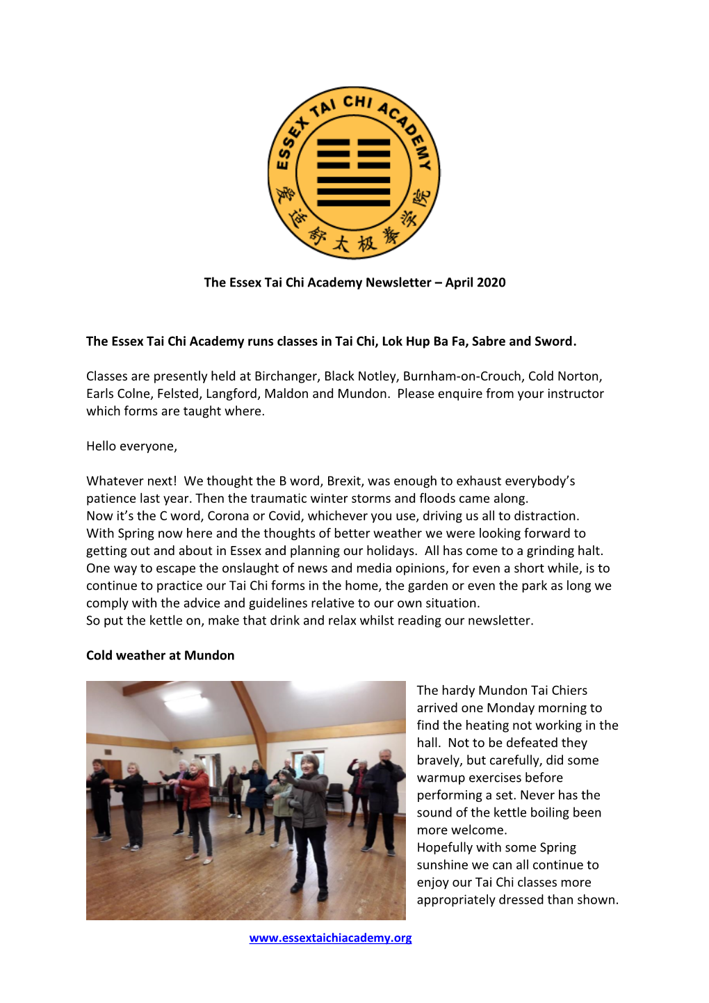 April 2020 the Essex Tai Chi Academy Runs Classes in Tai Chi