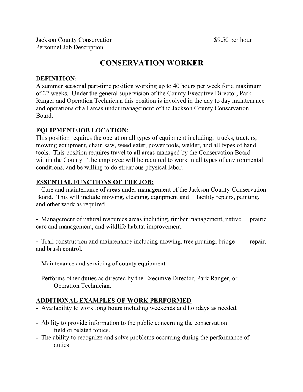 Job Description for Conservation Worker Position