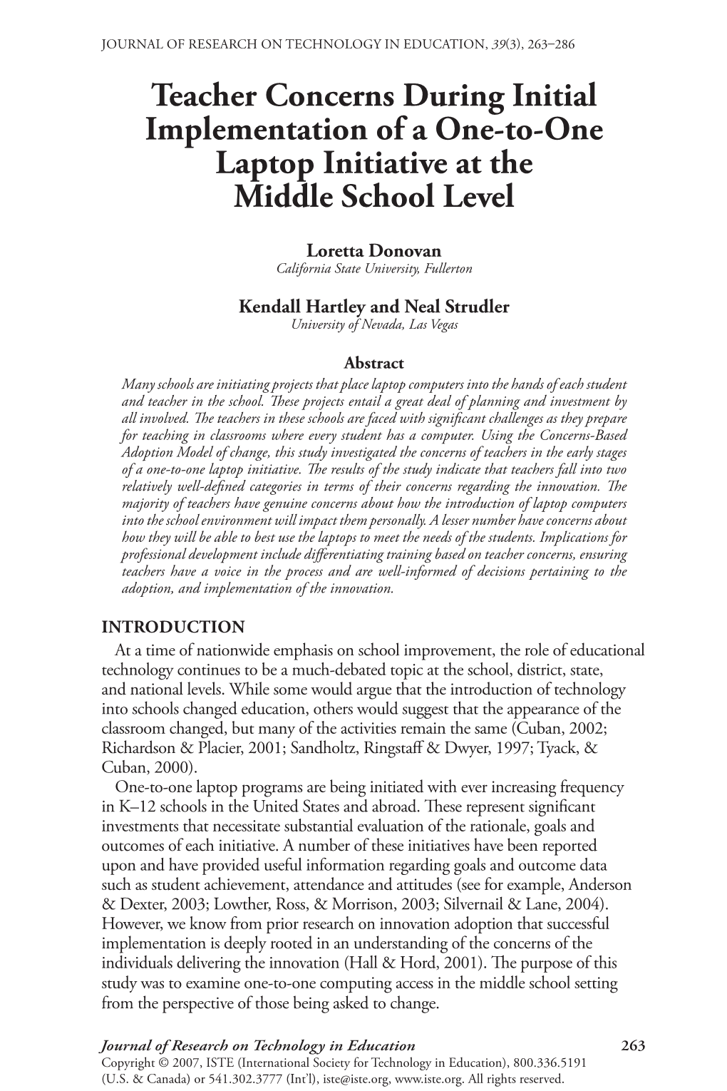 Teacher Concerns During Initial Implementation of a One-To-One Laptop Initiative at the Middle School Level