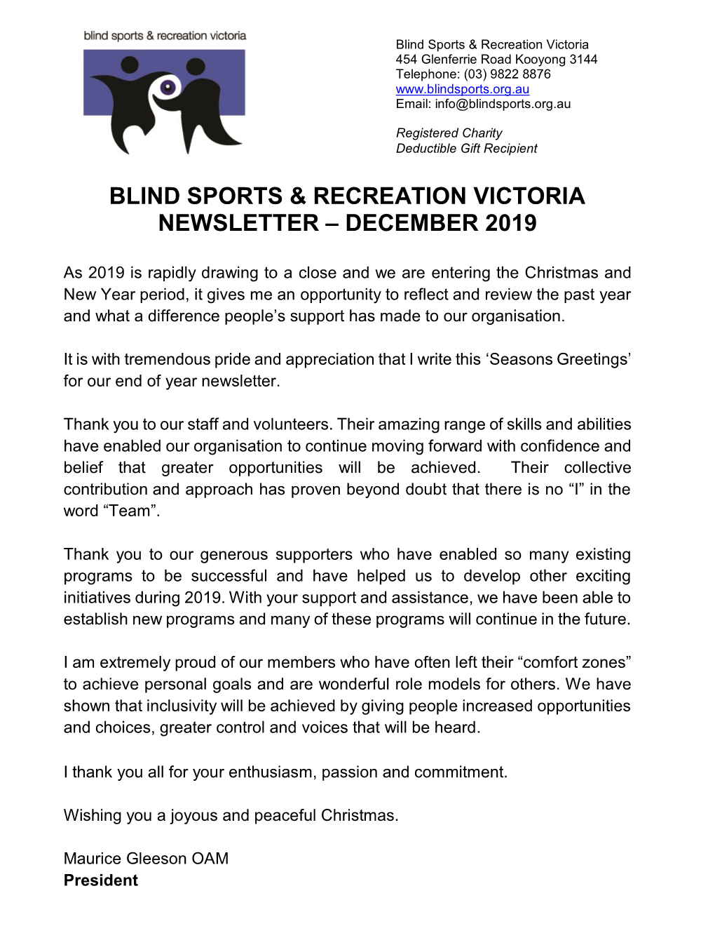 Blind Sports & Recreation Victoria Newsletter December 2019