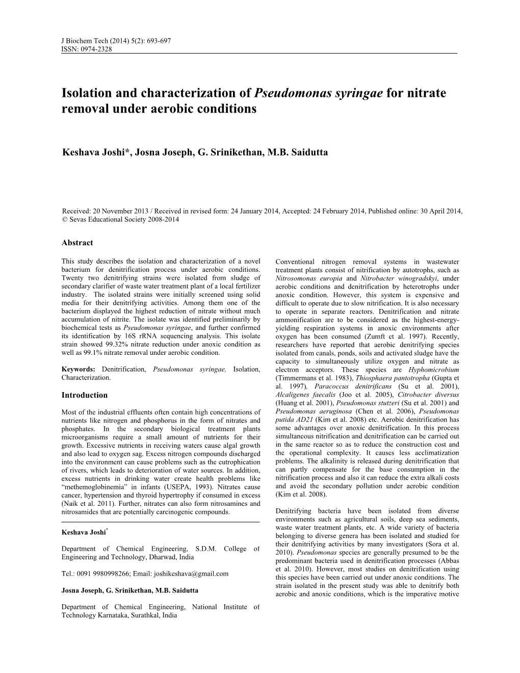 Isolation and Characterization of Pseudomonas Syringae for Nitrate Removal Under Aerobic Conditions