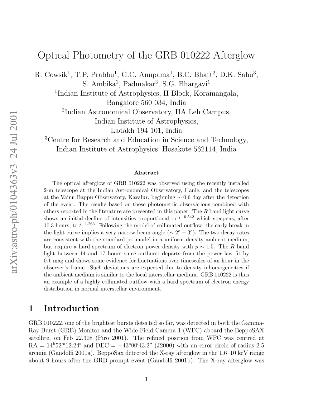 Optical Photometry of the GRB 010222 Afterglow