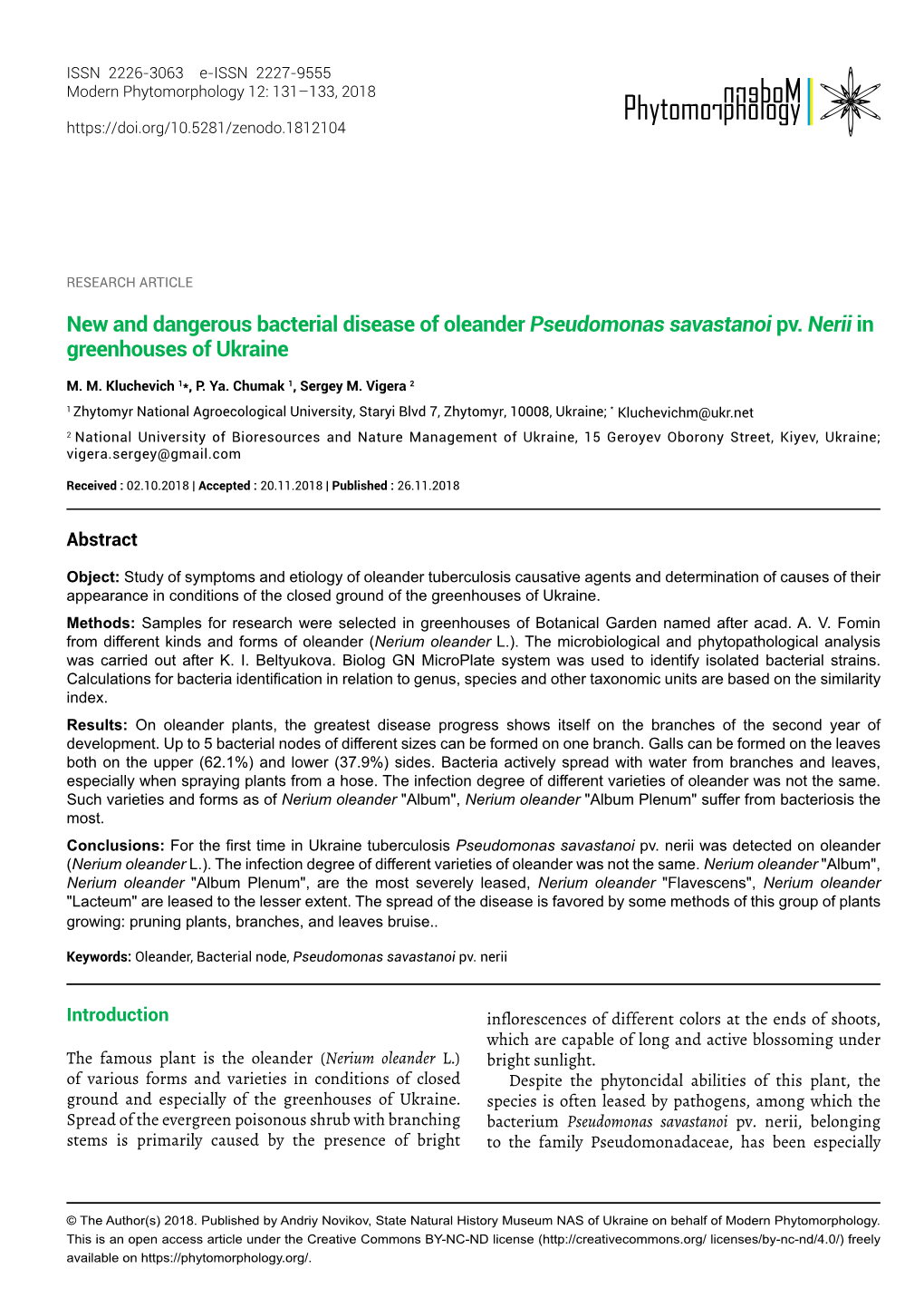 New and Dangerous Bacterial Disease of Oleander Pseudomonas Savastanoi Pv. Nerii in Greenhouses of Ukraine