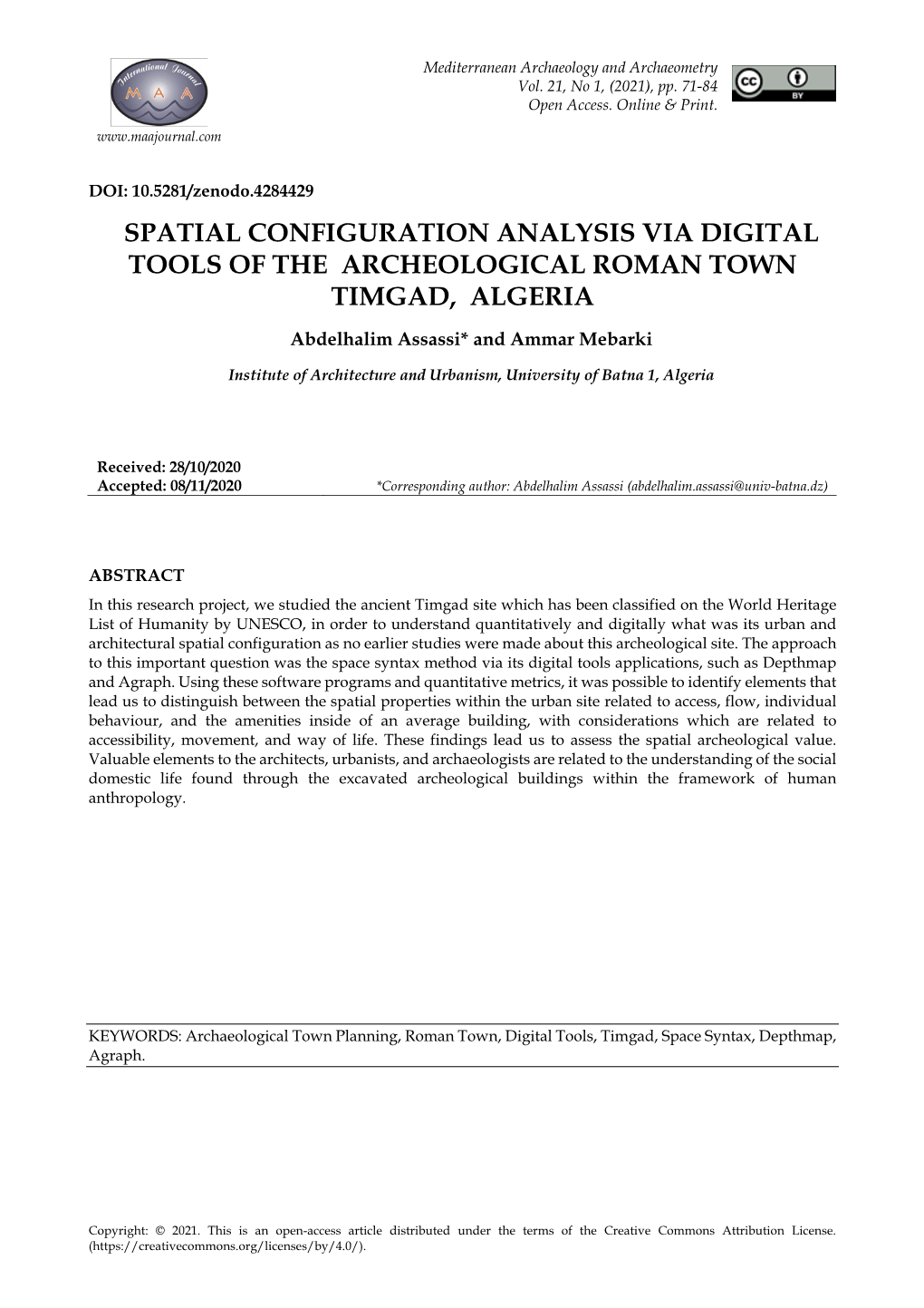 Spatial Configuration Analysis Via Digital Tools of the Archeological Roman Town Timgad, Algeria