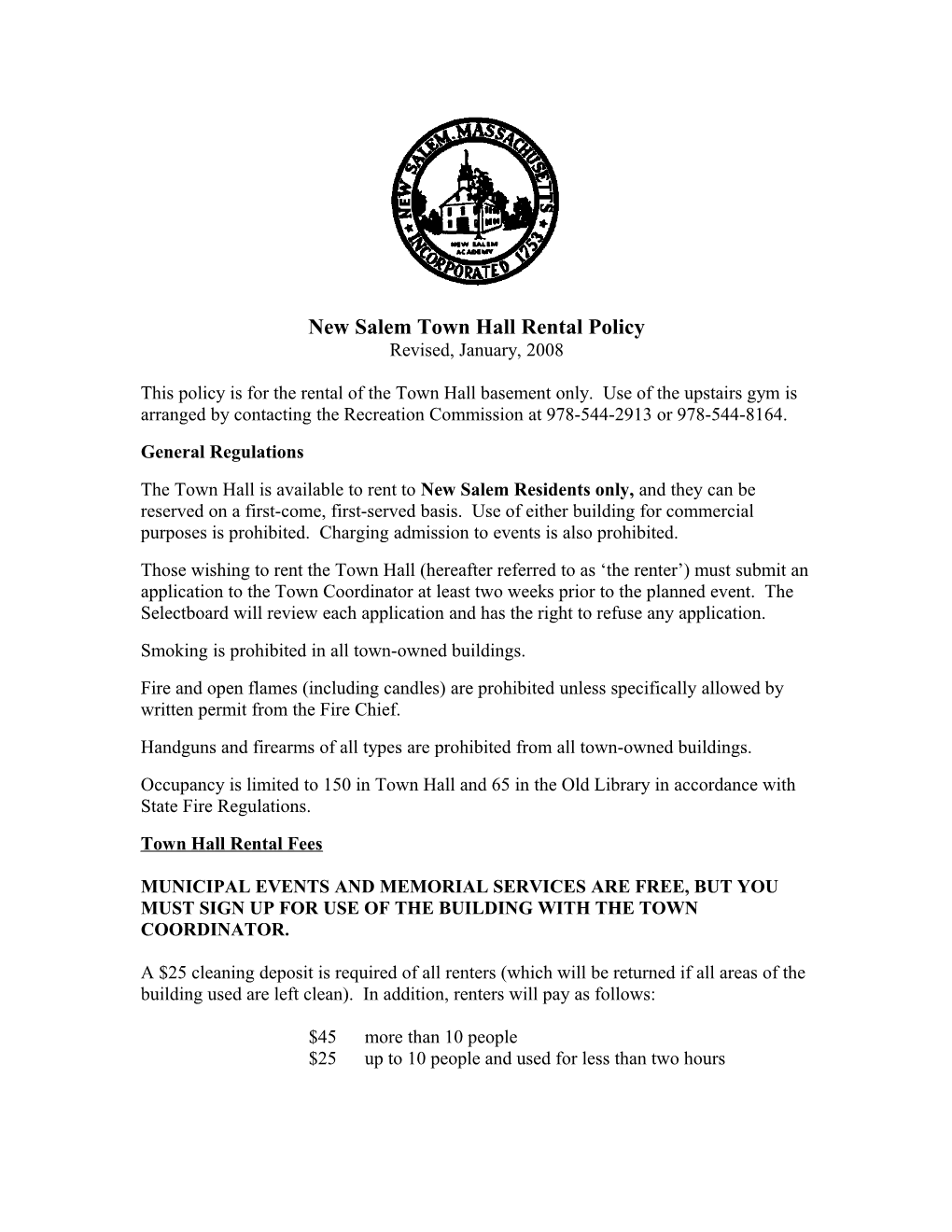 New Salem Town Hall and Old Library Rental Policy