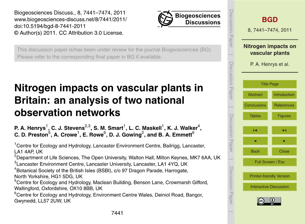 Nitrogen Impacts on Vascular Plants in Title Page Abstract Introduction