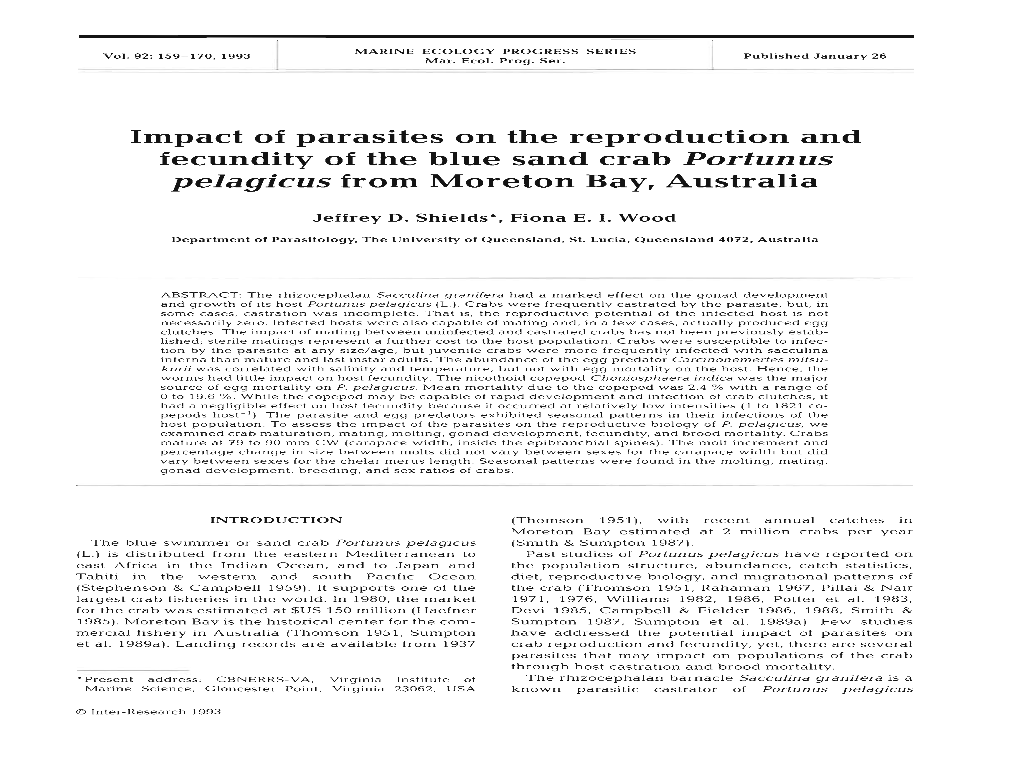 Impact of Parasites on the Reproduction and Fecundity of the Blue Sand Crab Portunus Pelagicus from Moreton Bay, Australia