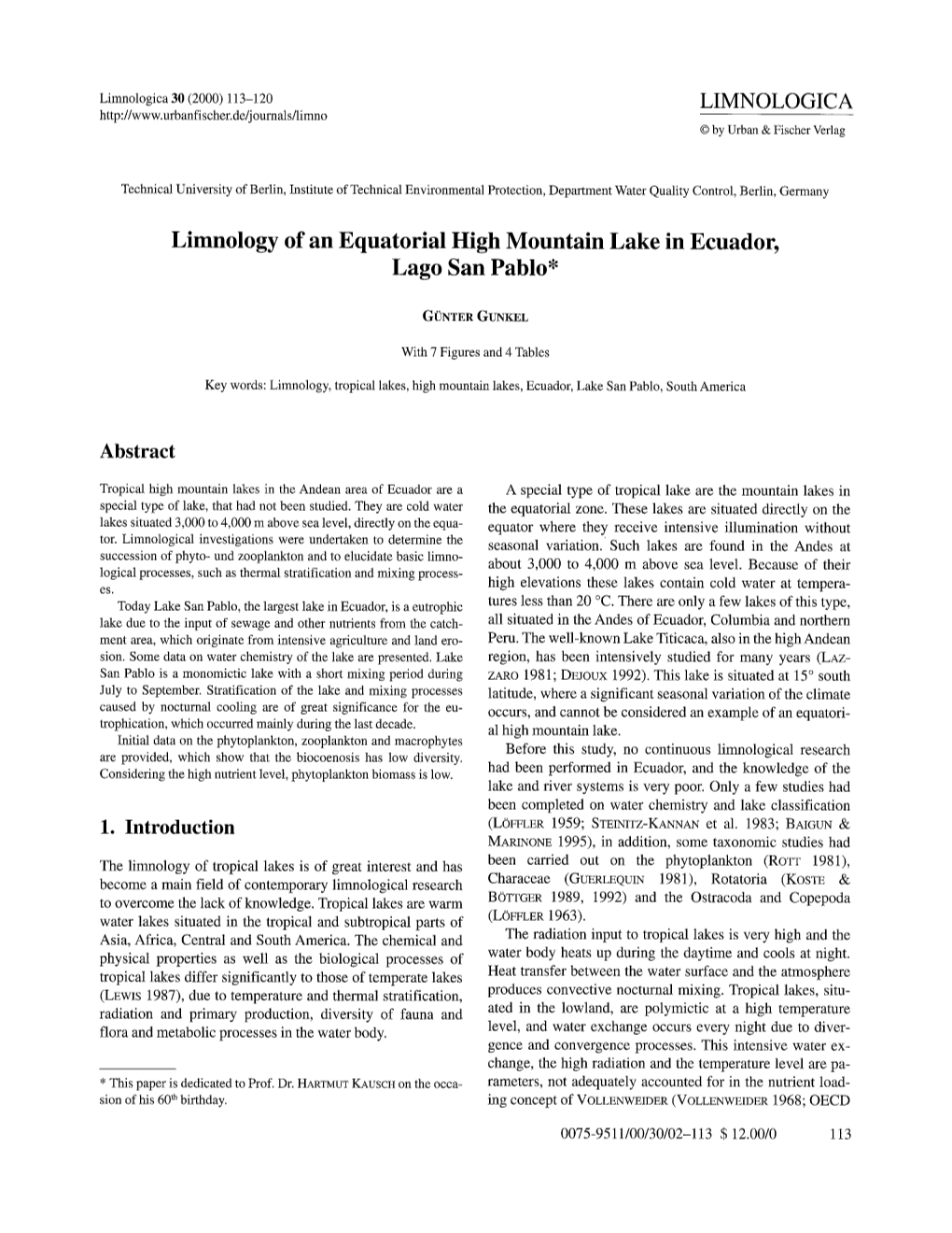 Limnology of an Equatorial High Mountain Lake in Ecuador, Lago San Pablo*