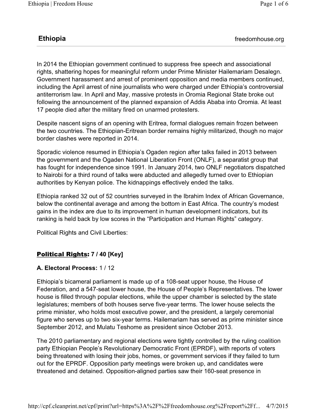 Ethiopia | Freedom House Page 1 of 6