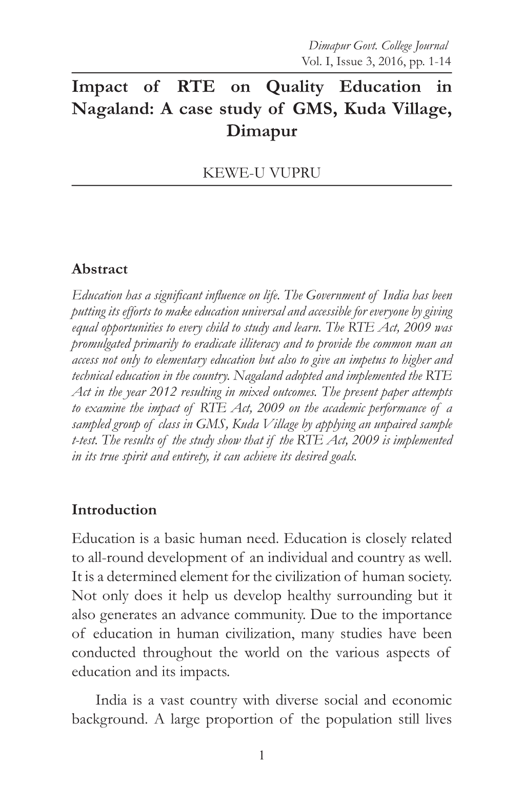 Impact of RTE on Quality Education in Nagaland: a Case Study of GMS, Kuda Village, Dimapur